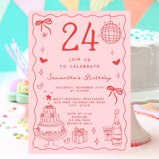 レトロで遊び心のある個性的な赤とピンクの24歳の誕生日 招待状