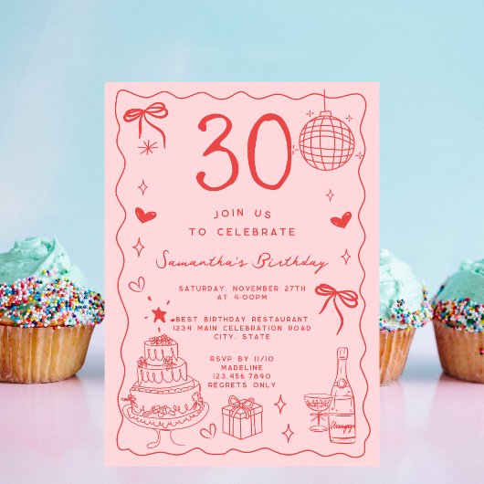 レトロで遊び心のある個性的な赤とピンクの30歳の誕生日 招待状