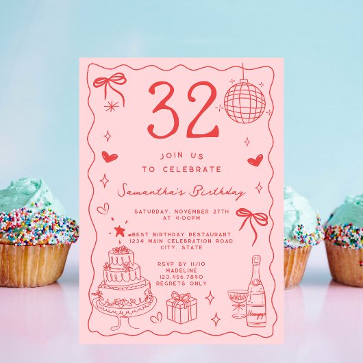 レトロで遊び心のある個性的な赤とピンクの32歳の誕生日 招待状