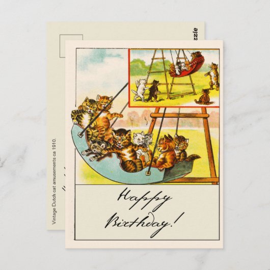 レトロで面白い猫たちがブランコで遊ぶお誕生日おめでとう！ ポストカード (正面/裏面)