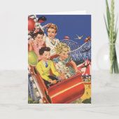 レトロなおもちゃの風船を持つ子供たちと犬のジェットコースター カード (正面)