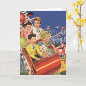 レトロなおもちゃの風船を持つ子供たちと犬のジェットコースター カード (黄色い花)