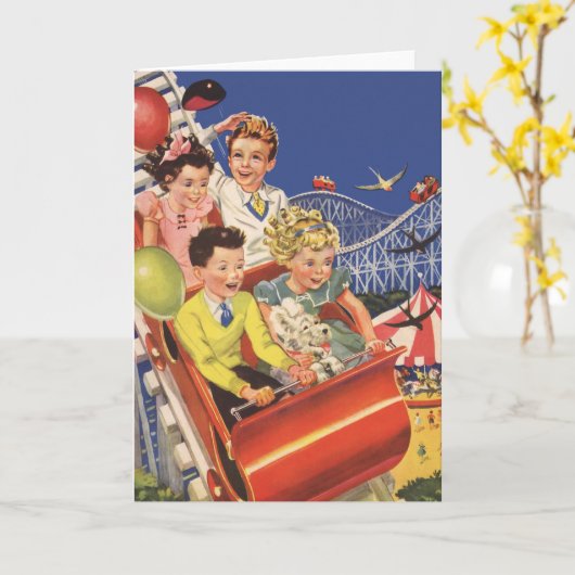 レトロなおもちゃの風船を持つ子供たちと犬のジェットコースター カード (黄色い花)