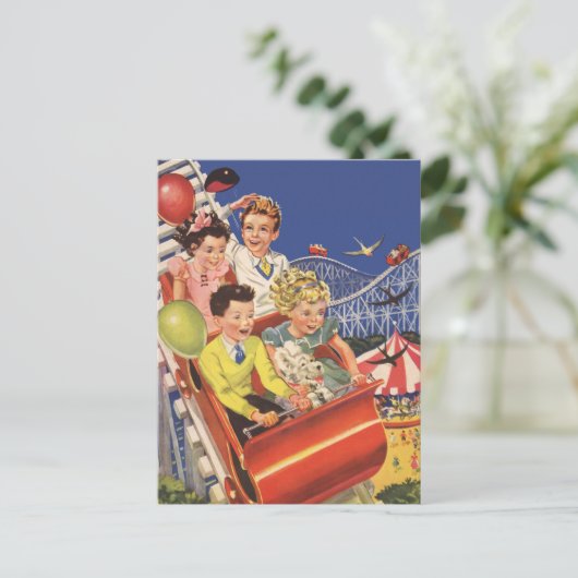 レトロなおもちゃの風船を持つ子供たちと犬のジェットコースター ポストカード (スタンド正面)