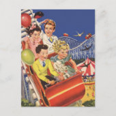 レトロなおもちゃの風船を持つ子供たちと犬のジェットコースター ポストカード (正面)