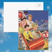 レトロなおもちゃの風船を持つ子供たちと犬のジェットコースター ポストカード