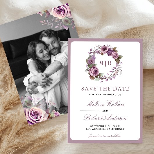 レトロなくすんだパープルの花の写真の結婚式 セーブザデート