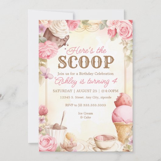 レトロなアイスクリームパーティー ピンクのアイスクリーム 招待状 (正面)
