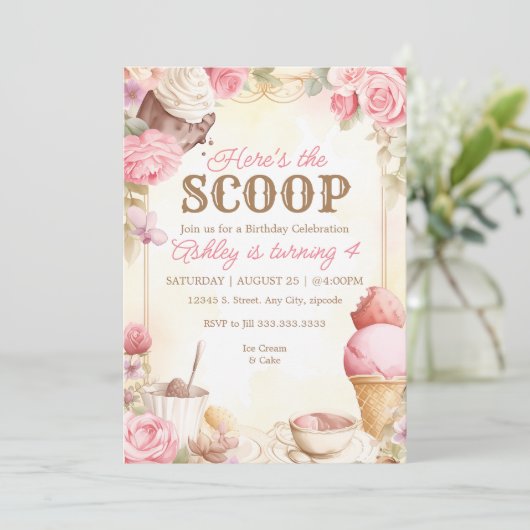 レトロなアイスクリームパーティー ピンクのアイスクリーム 招待状 (スタンド正面)