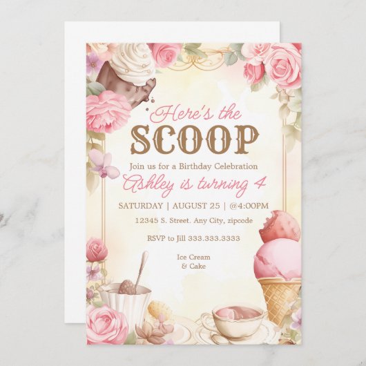 レトロなアイスクリームパーティー ピンクのアイスクリーム 招待状