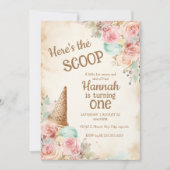 レトロなアイスクリーム、お花とアイスクリームコーン 招待状 (正面)