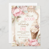 レトロなアイスクリーム、フラワーのアイスクリームコーン 招待状 (正面/裏面)