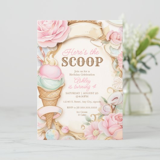 レトロなアイス・クリーム・コーン　パステルピンクのアイス 招待状 (スタンド正面)