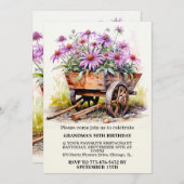 レトロなアスターの花のイラストアート 誕生日パーティー 招待状 (正面/裏面)