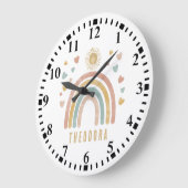 レトロなアースカラーの水彩虹と太陽 ラージ壁時計 (傾斜)