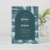 レトロなアーチと曲線とラインのターコイズブルーのウェディング 招待状 (スタンド正面)