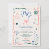 レトロなイニシャル手描きイラスト写真ウェディング 招待状 (正面)