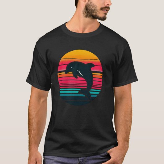 レトロなイルカのシルエット 海の動物 クジラ イルカ Tシャツ (正面)