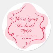 レトロなウェーブピンクと赤の結婚式 ラウンドシール (正面)