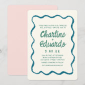 レトロなウェーブブルーとグリーンの手書き結婚式 招待状 (正面/裏面)