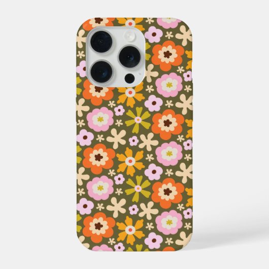 レトロなオリーブグリーンの抽象的な花の満開 iPhoneケース (裏面)