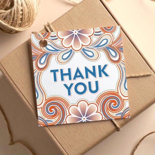 レトロなオレンジの花と渦巻きの感謝 フェイバータグ