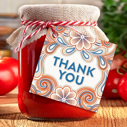 レトロなオレンジの花と渦巻きの感謝 フェイバータグ