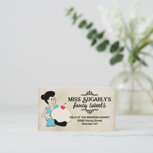 レトロなカップケーキベイカーフリリーエプロンベーキングビジネスc 名刺 (スタンド正面)