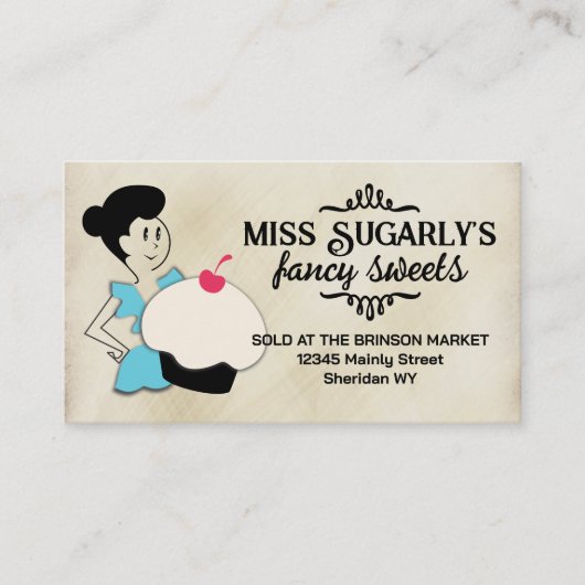 レトロなカップケーキベイカーフリリーエプロンベーキングビジネスc 名刺 (正面)