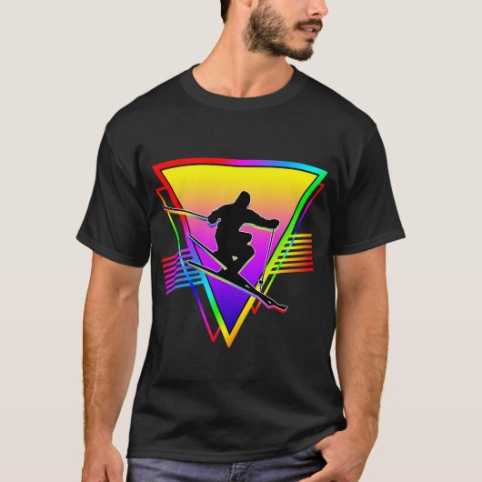 レトロなカラフルレインボー スキー Tシャツ (正面)
