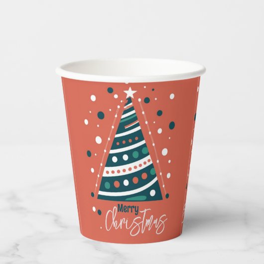 レトロなカリグラフィー ミニマリスト メリークリスマスツリー 紙コップ (正面)