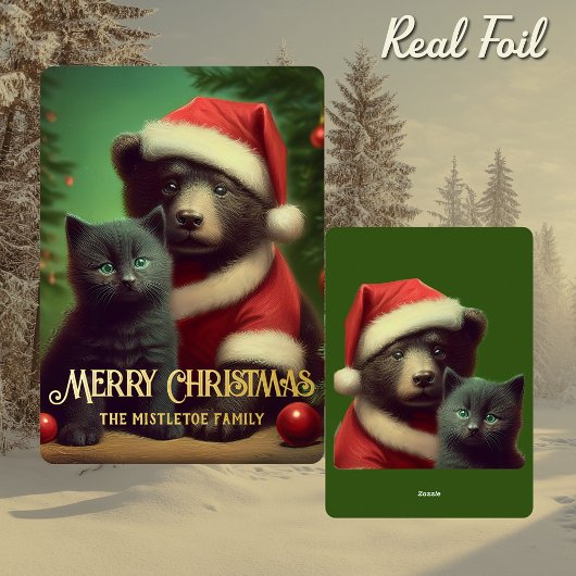 レトロなキツネザルと黒猫のクリスマス 箔シーズンカード