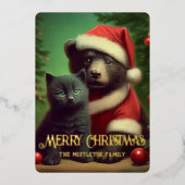 レトロなキツネザルと黒猫のクリスマス 箔シーズンカード (正面)