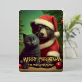 レトロなキツネザルと黒猫のクリスマス 箔シーズンカード (立ち正面)