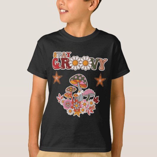 レトロなキノコとデイジーの花のビンテージ グルービー Tシャツ (正面)