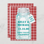 レトロなキャニングジャー 赤チェック柄デザイン 案内ポストカード (正面/裏面)