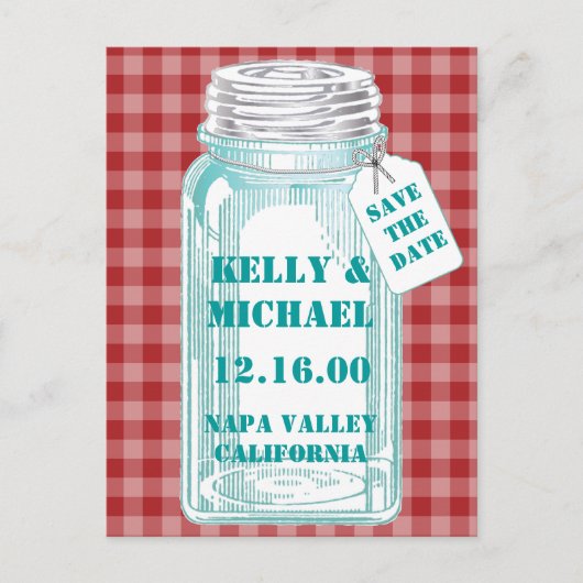 レトロなキャニングジャー 赤チェック柄デザイン 案内ポストカード (正面)