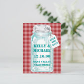 レトロなキャニングジャー 赤チェック柄デザイン 案内ポストカード (スタンド正面)