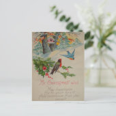 レトロなキュートな青と赤の冬の鳥 ポストカード (スタンド正面)