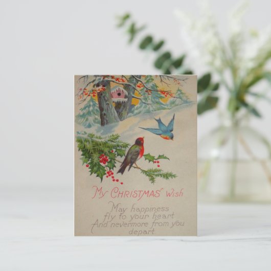 レトロなキュートな青と赤の冬の鳥 ポストカード (スタンド正面)