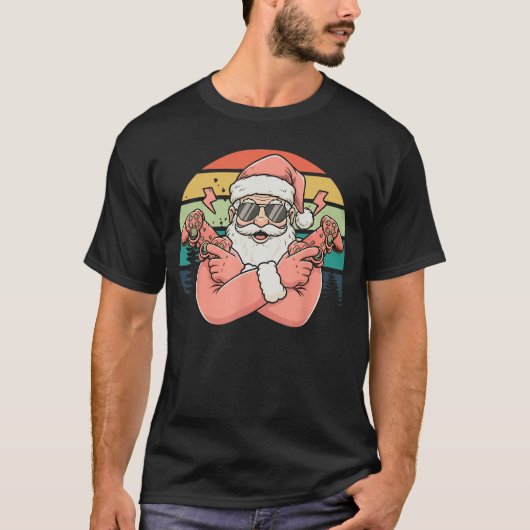 レトロなクリスマスのおもしろゲーミングサンタ Tシャツ (正面)