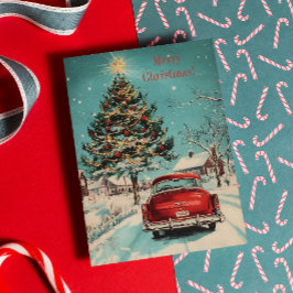 レトロなクリスマスのクラシックカーとクリスマスツリーの光景 シーズンカード