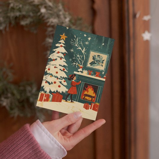 レトロなクリスマスのシーン 暖炉のそばの子供 シーズンカード