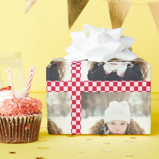 レトロなクリスマスの写真コラージュ チェック柄 赤 ラッピングペーパー (誕生日パーティー)