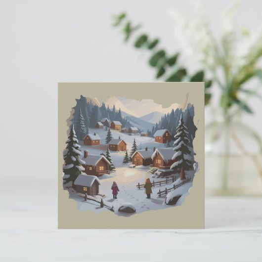 レトロなクリスマスの冬の村 90年代 山々 ツリー シーズンカード (スタンド正面)