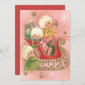 レトロなクリスマスの天使たちがソリに乗ったホリデーシーズン シーズンカード (正面/裏面)