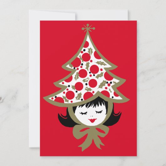 レトロなクリスマスの女の子 ツリーハット シーズンカード (正面)