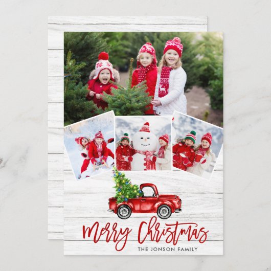 レトロなクリスマスの赤いトラックのポストカード　４枚の写真 シーズンカード (正面/裏面)