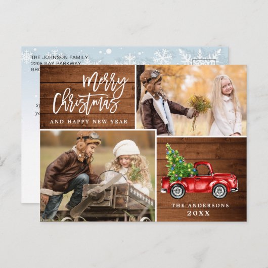 レトロなクリスマスの赤いトラックのポストカード（2枚の写真付き） ポストカード (正面/裏面)