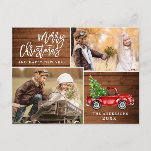レトロなクリスマスの赤いトラックのポストカード（2枚の写真付き） ポストカード (正面)